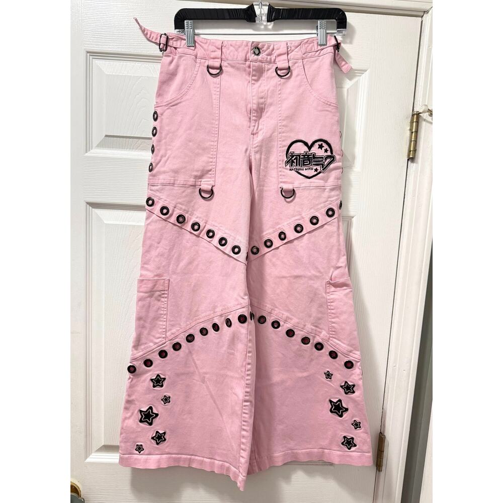 Dolls Kill x Hatsune Miku Pink Wide Leg Cargo Pants Studded Stars Size Small
